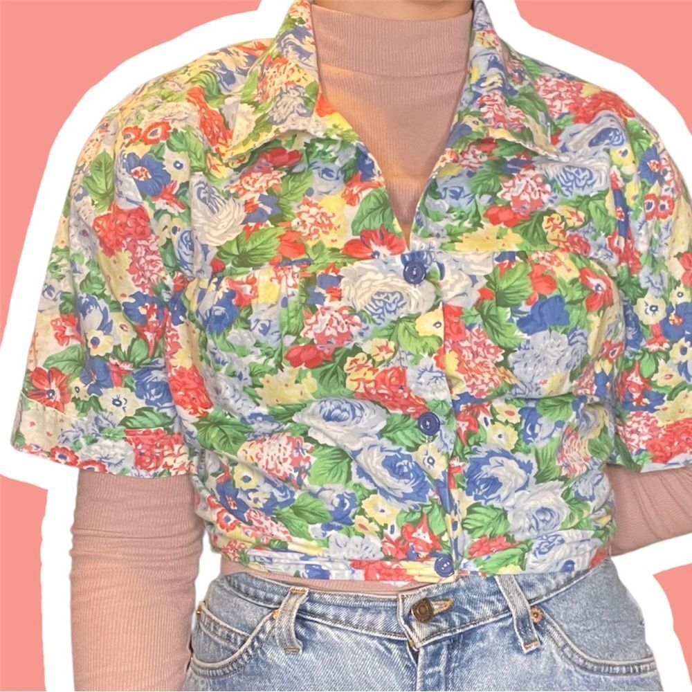 Vintage Blair Floral All Over Print Short Sleeved Button Down Smock Shirt Pocket
